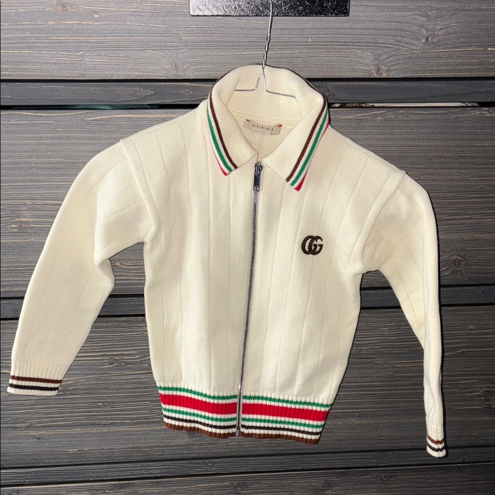 Kids Cream Zip-Up Sweater with Striped Trim